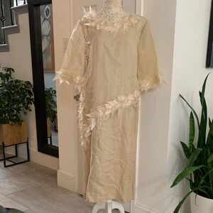 DonnAvinci Champagne Ramie Sheath Dress w/ Sheer Organza Sleeves & Leaf Trim 10